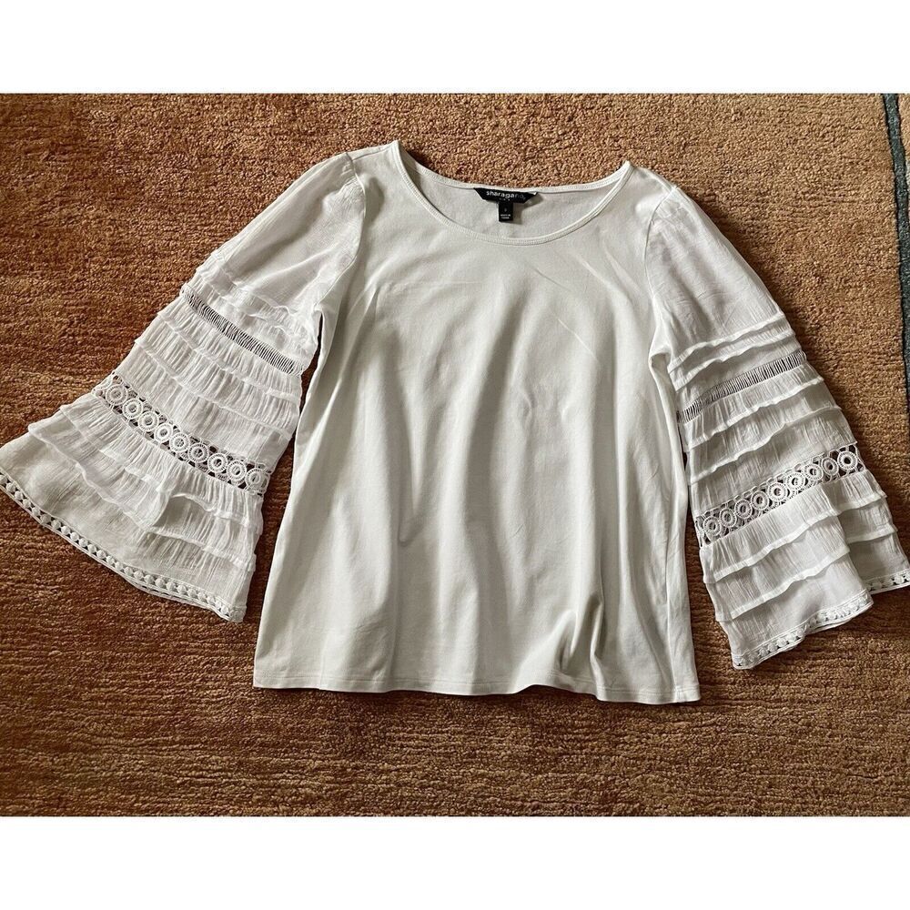 Sharagano New York Women’s White Blouse 3/4 Cut Out DesignLayered Sleeves S